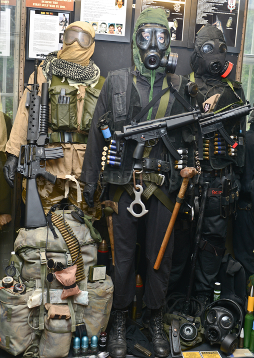 Original various SAS Counter Revolutionary Warfare(CRW) black-kits and Bravo Two_Zero desert warfare kit as on display at Littledean Jail's .... SAS WHO DARES WINS COUNTER TERRORISM EXHIBITION